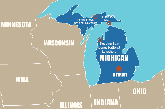 Highlight Karte von Michigan - der "Great Lakes State"