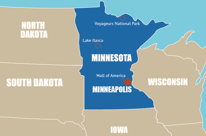 Highlight Karte von Minnesota - "Land der 10.000 Seen"