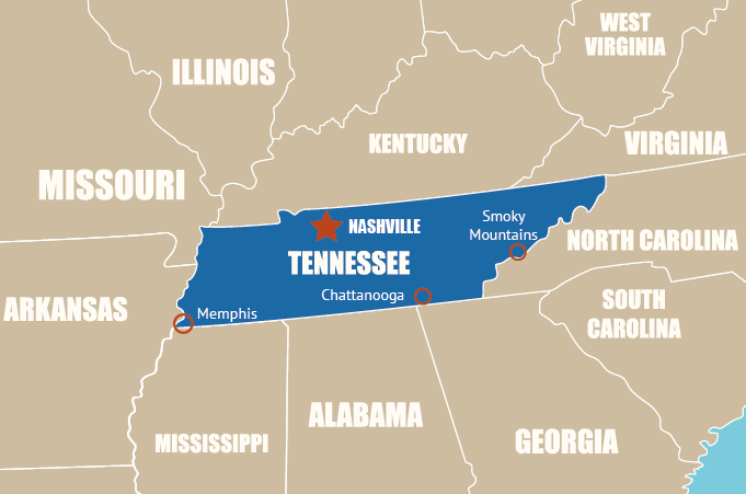 Highlight Karte von Tennessee - Der Musikstaat der USA